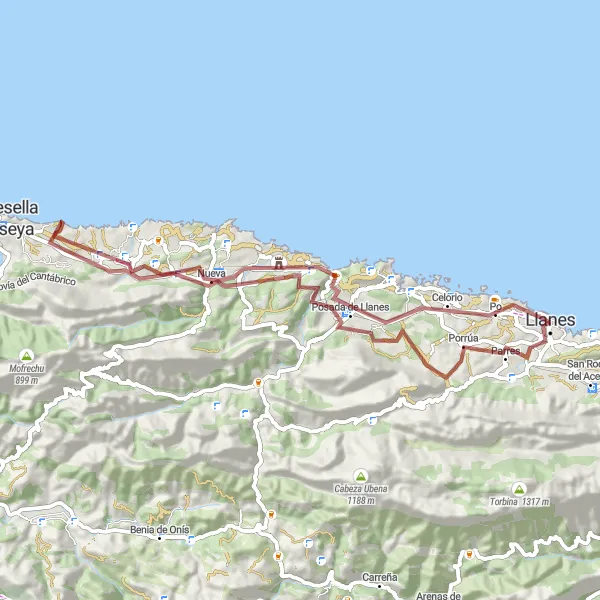 Miniaturekort af cykelinspirationen "Gruscykelrute til Puertu Chicu, Porrúa, Nueva, Pico Mediudía, Obiu og Celorio" i Principado de Asturias, Spain. Genereret af Tarmacs.app cykelruteplanlægger