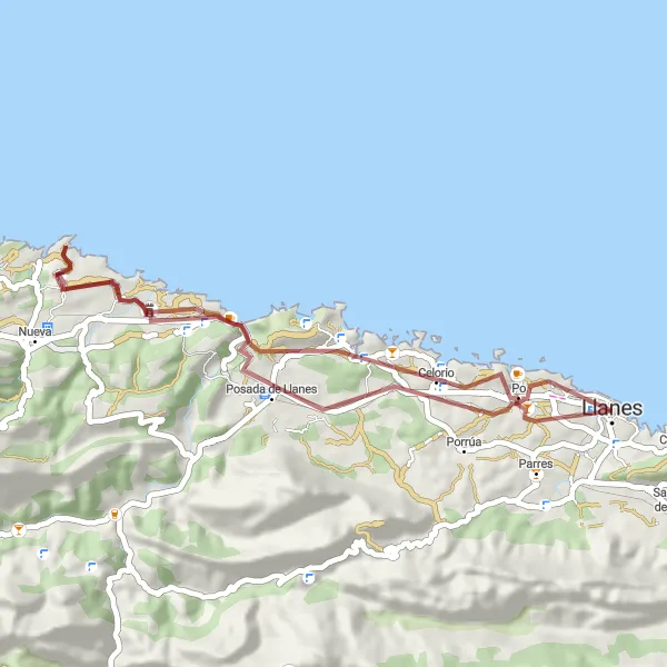 Miniatura della mappa di ispirazione al ciclismo "Itinerario in Gravel a Llanes" nella regione di Principado de Asturias, Spain. Generata da Tarmacs.app, pianificatore di rotte ciclistiche