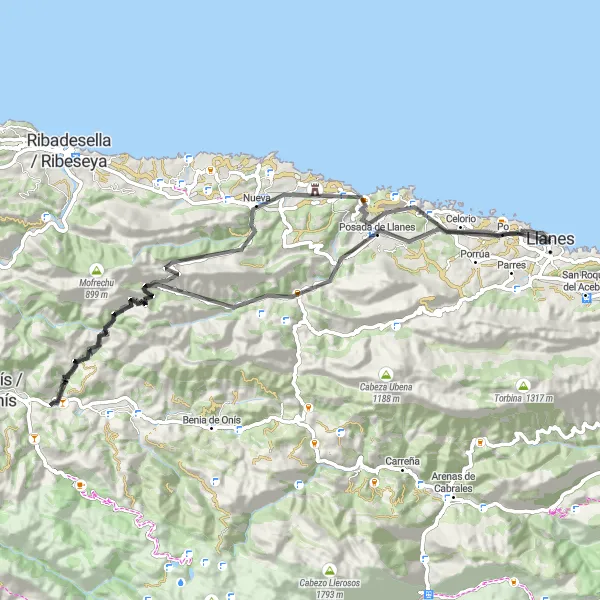 Miniaturekort af cykelinspirationen "Llanes - La Cubeta Roadtur" i Principado de Asturias, Spain. Genereret af Tarmacs.app cykelruteplanlægger