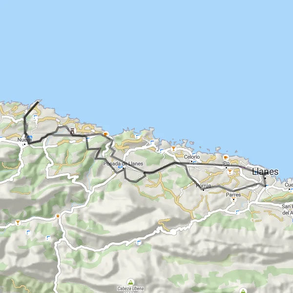 Map miniature of "Llanes Delights" cycling inspiration in Principado de Asturias, Spain. Generated by Tarmacs.app cycling route planner