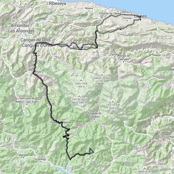 Miniatura mapy "Trasa szosowa La Talá-Celorio-Meré-El Cuetu-Cangas de Onís / Cangues d'Onís-Picos del Águila-Oseja de Sajambre-Mirador de Oseja de Sajambre-Vegacerneja-Puerto del Pontón-Zona recreativa-El Porru-Mirador del Puente Romano-La Cuestona-El Mazucu-Cabeza Radosa-Puertu Chicu-Faro de Llanes" - trasy rowerowej w Principado de Asturias, Spain. Wygenerowane przez planer tras rowerowych Tarmacs.app