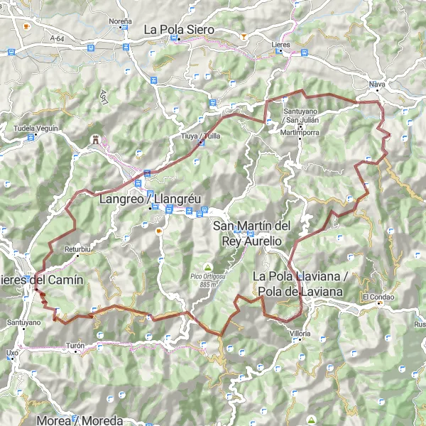 Miniatura della mappa di ispirazione al ciclismo "Esplorazione delle montagne asturiane da Mieres a Los Vaḷḷes" nella regione di Principado de Asturias, Spain. Generata da Tarmacs.app, pianificatore di rotte ciclistiche