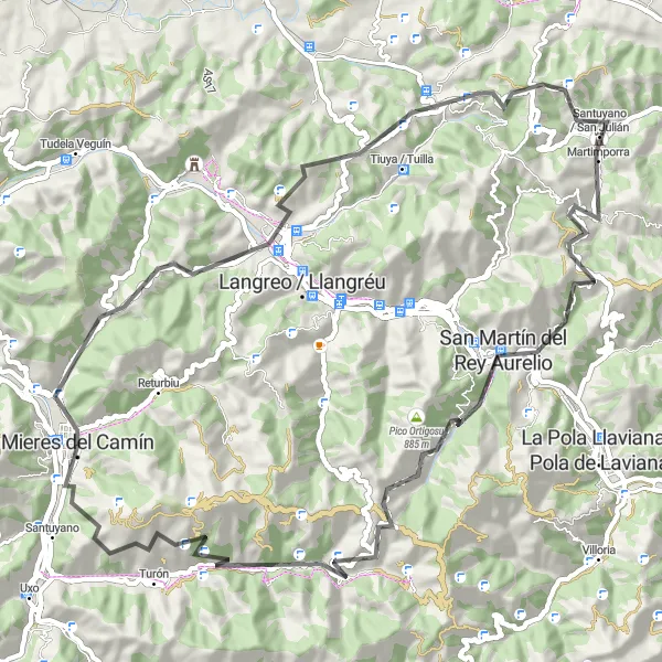 Miniatura della mappa di ispirazione al ciclismo "Giro in bicicletta da Mieres" nella regione di Principado de Asturias, Spain. Generata da Tarmacs.app, pianificatore di rotte ciclistiche