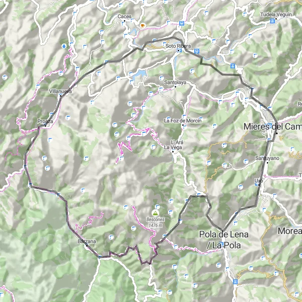 Miniatua del mapa de inspiración ciclista "Ruta de ciclismo de carretera Mieres - Pola de Lena" en Principado de Asturias, Spain. Generado por Tarmacs.app planificador de rutas ciclistas