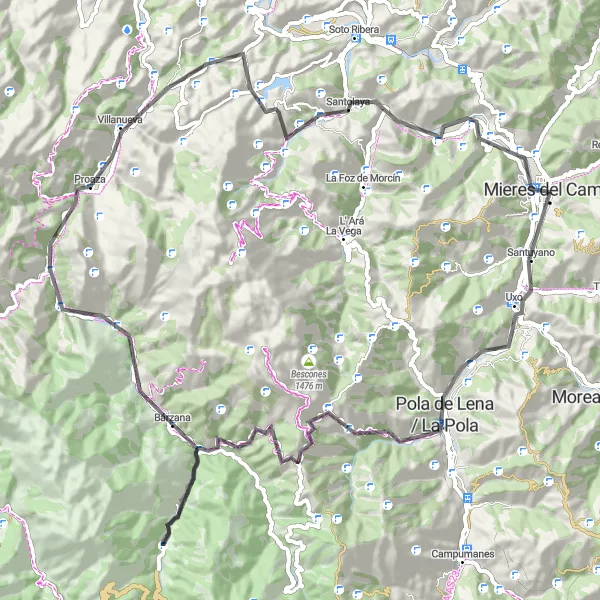 Miniatua del mapa de inspiración ciclista "Ruta de ciclismo de carretera en Mieres" en Principado de Asturias, Spain. Generado por Tarmacs.app planificador de rutas ciclistas