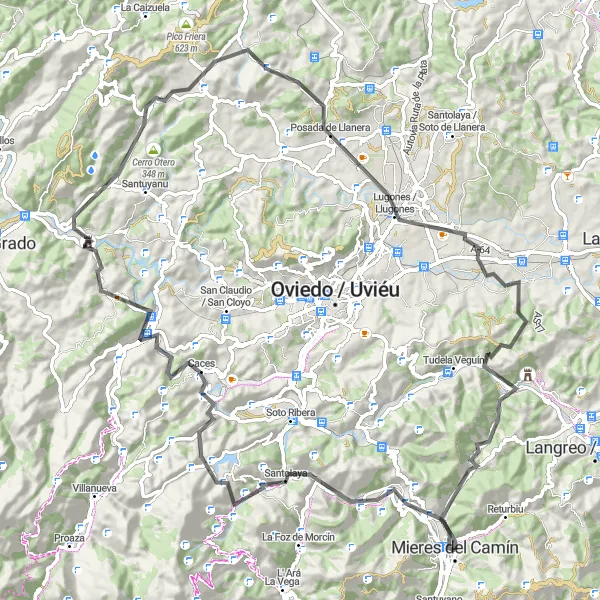 Miniatua del mapa de inspiración ciclista "Ruta de ciclismo de carretera en Mieres" en Principado de Asturias, Spain. Generado por Tarmacs.app planificador de rutas ciclistas