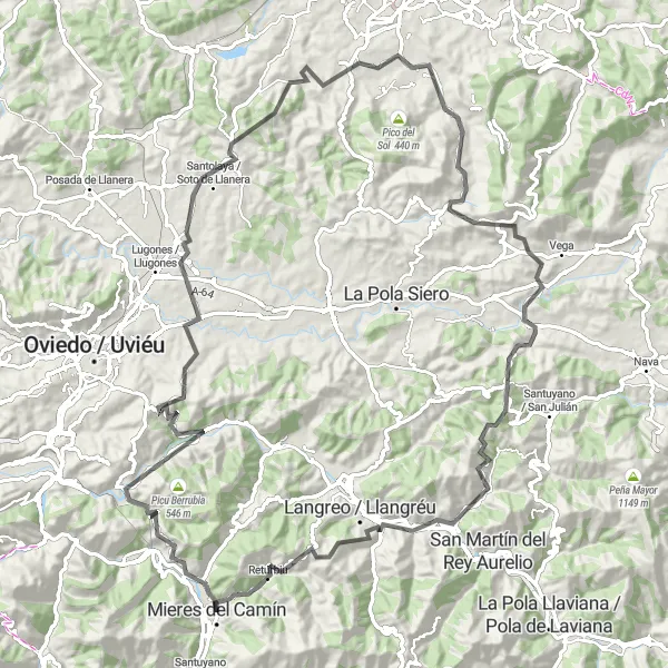 Miniatuurkaart van de fietsinspiratie "Verken het natuurlijke landschap rond Mieres per fiets" in Principado de Asturias, Spain. Gemaakt door de Tarmacs.app fietsrouteplanner