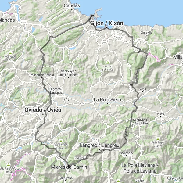 Miniaturní mapa "Náročná silniční cyklo trasa kolem Mieres" inspirace pro cyklisty v oblasti Principado de Asturias, Spain. Vytvořeno pomocí plánovače tras Tarmacs.app