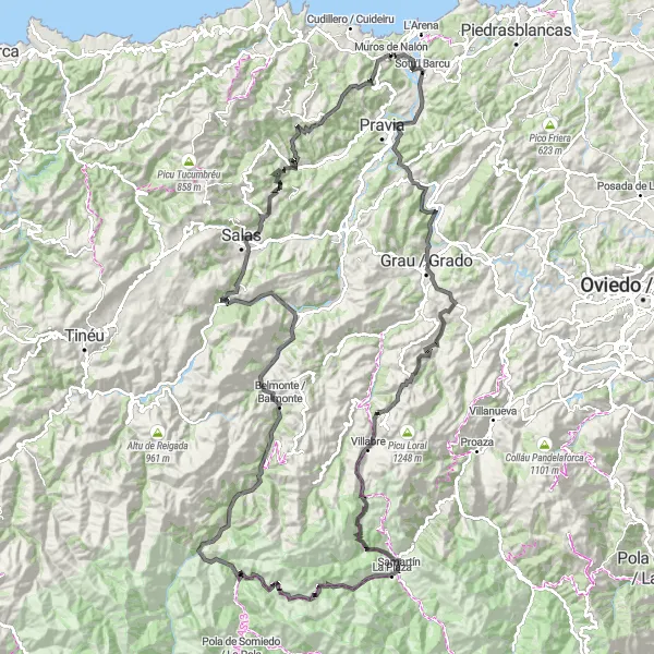 Miniatua del mapa de inspiración ciclista "Desafío de Montaña y Río" en Principado de Asturias, Spain. Generado por Tarmacs.app planificador de rutas ciclistas