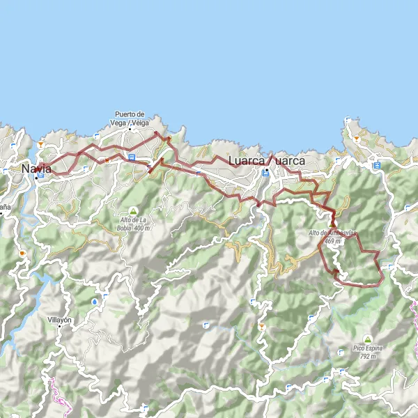Miniatuurkaart van de fietsinspiratie "Gravelavontuur door het betoverende landschap rond Navia" in Principado de Asturias, Spain. Gemaakt door de Tarmacs.app fietsrouteplanner
