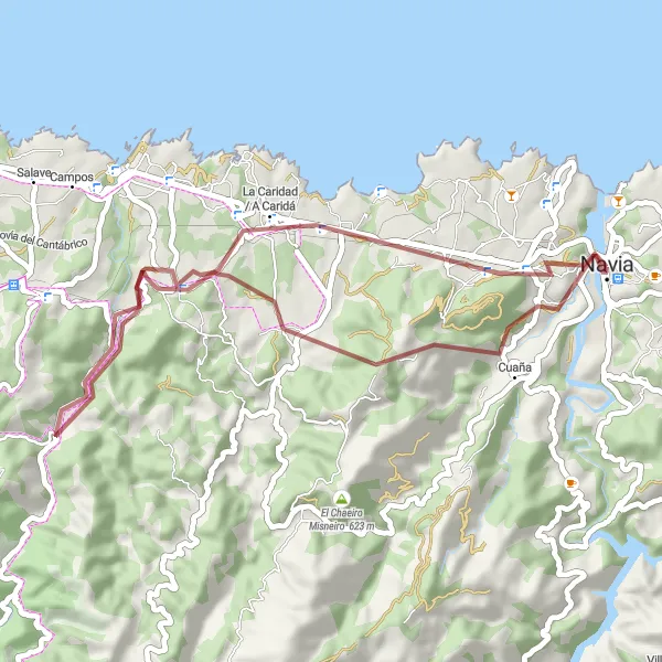 Map miniature of "Gravel Experience: Navia Fonte Veya round-trip" cycling inspiration in Principado de Asturias, Spain. Generated by Tarmacs.app cycling route planner