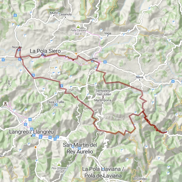 Map miniature of "The Gravel Excursion" cycling inspiration in Principado de Asturias, Spain. Generated by Tarmacs.app cycling route planner