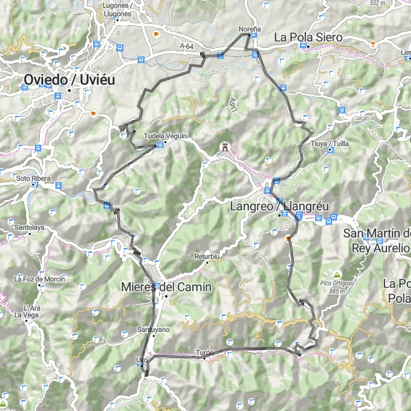 Map miniature of "The Langreo Circuit" cycling inspiration in Principado de Asturias, Spain. Generated by Tarmacs.app cycling route planner
