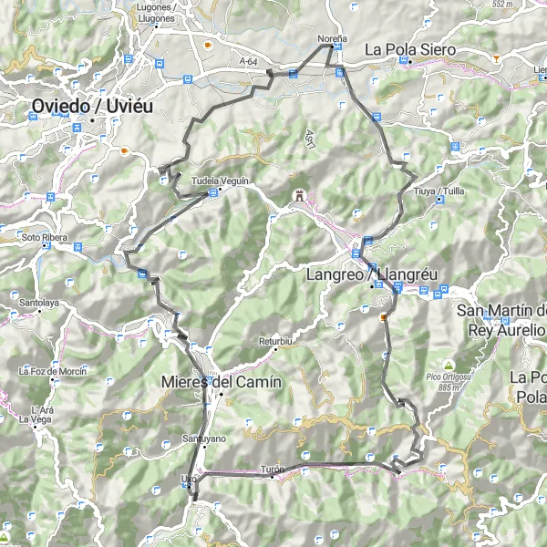 Miniatuurkaart van de fietsinspiratie "Wegroute in de omgeving van Noreña" in Principado de Asturias, Spain. Gemaakt door de Tarmacs.app fietsrouteplanner