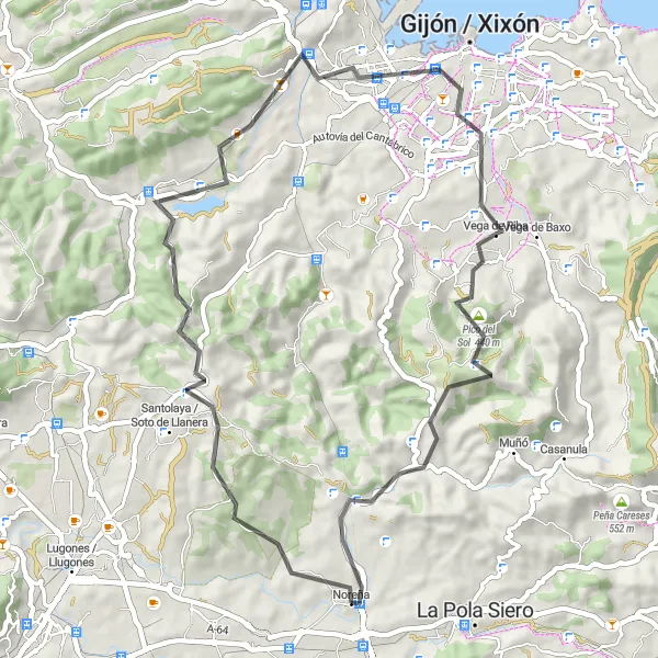 Miniatuurkaart van de fietsinspiratie "Wegroute vanaf Noreña" in Principado de Asturias, Spain. Gemaakt door de Tarmacs.app fietsrouteplanner