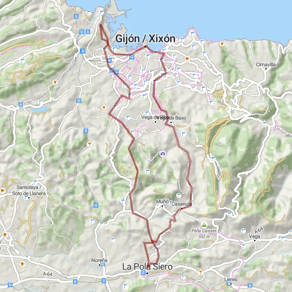 Miniatura della mappa di ispirazione al ciclismo "Giro in Gravel tra La Pola de Siero e Gijón" nella regione di Principado de Asturias, Spain. Generata da Tarmacs.app, pianificatore di rotte ciclistiche