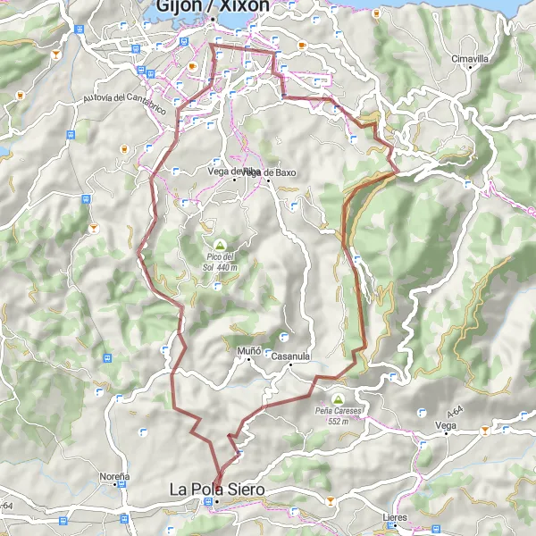 Miniatuurkaart van de fietsinspiratie "Gravel route rond Pola de Siero via Gijón en Mirador Playa de Poniente" in Principado de Asturias, Spain. Gemaakt door de Tarmacs.app fietsrouteplanner