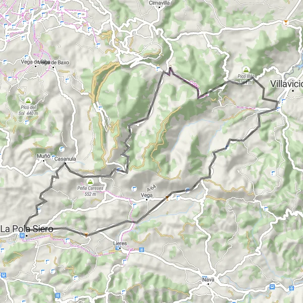Karten-Miniaturansicht der Radinspiration "Kurze Rundfahrt von Pola de Siero nach Picu de Castiellu" in Principado de Asturias, Spain. Erstellt vom Tarmacs.app-Routenplaner für Radtouren