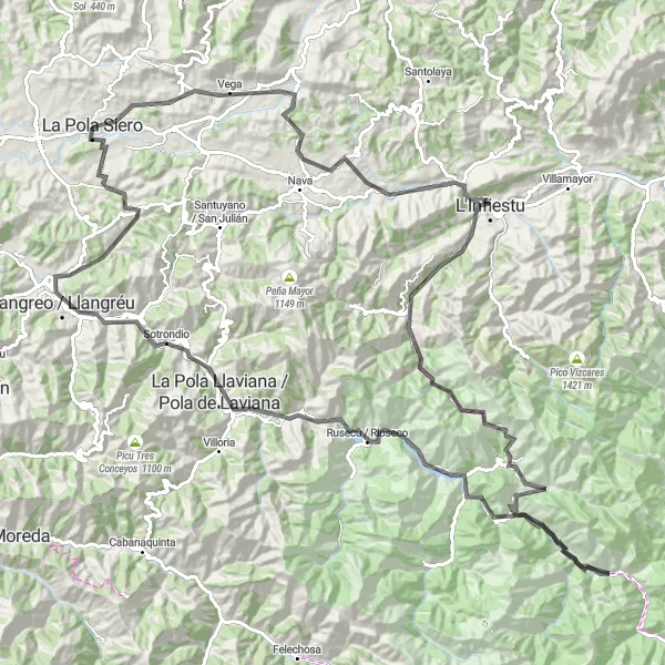 Map miniature of "Mountainous Escape" cycling inspiration in Principado de Asturias, Spain. Generated by Tarmacs.app cycling route planner