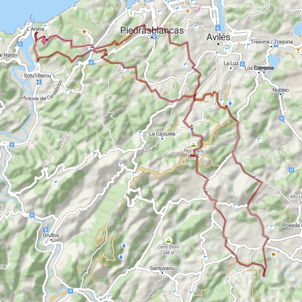 Miniatura della mappa di ispirazione al ciclismo "Giro Gravel L'Arena II" nella regione di Principado de Asturias, Spain. Generata da Tarmacs.app, pianificatore di rotte ciclistiche