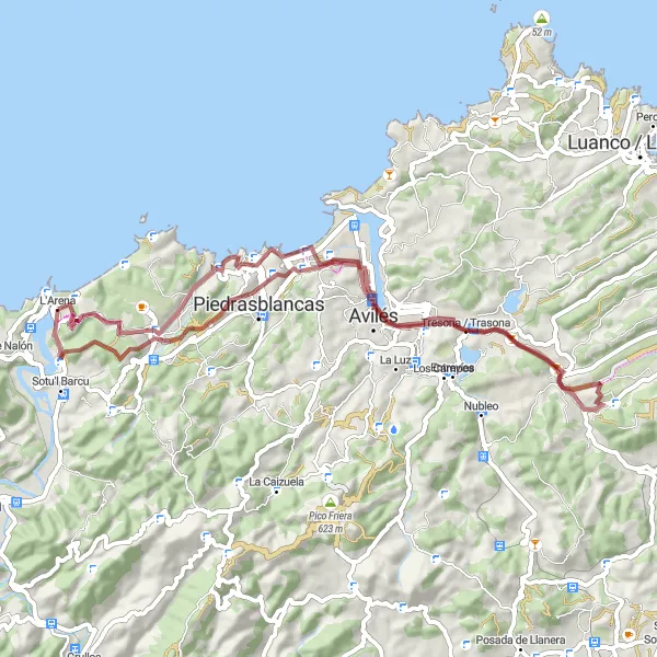 Miniature de la carte de l'inspiration cycliste "Itinéraire Gravel des Miradors Asturiens" dans la Principado de Asturias, Spain. Générée par le planificateur d'itinéraire cycliste Tarmacs.app