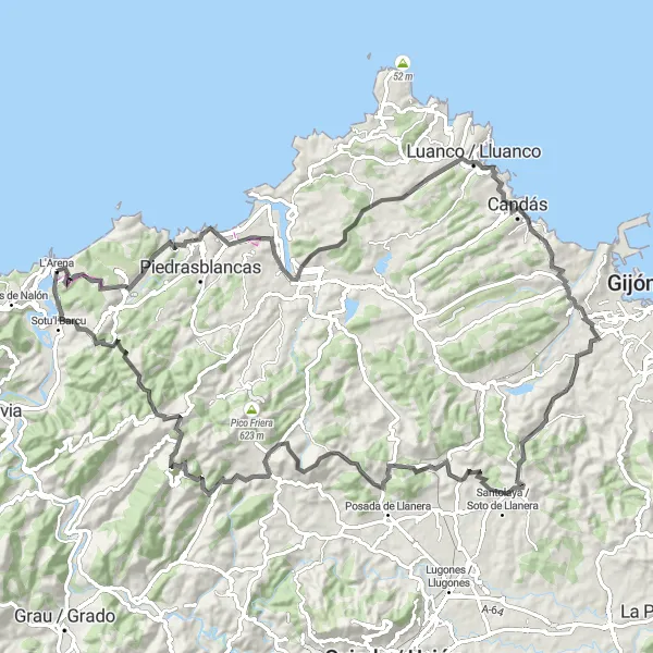 Map miniature of "Ruta de Candás: Coastal Charm and Mountain Escapades" cycling inspiration in Principado de Asturias, Spain. Generated by Tarmacs.app cycling route planner