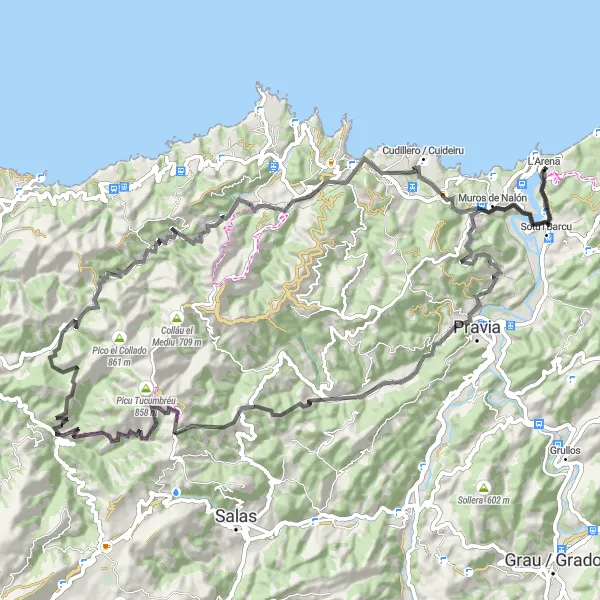 Miniatura mapy "Trasa Road z Ranón przez Mirador de Monteagudo i Palacio de Selgas" - trasy rowerowej w Principado de Asturias, Spain. Wygenerowane przez planer tras rowerowych Tarmacs.app