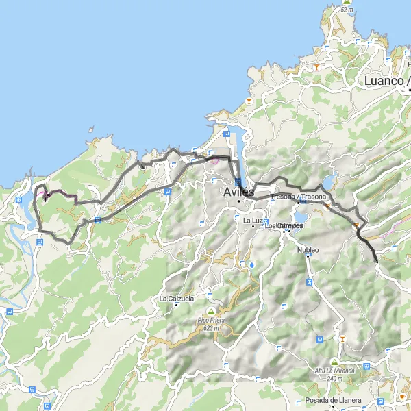 Map miniature of "Ranón Circular Road Route" cycling inspiration in Principado de Asturias, Spain. Generated by Tarmacs.app cycling route planner