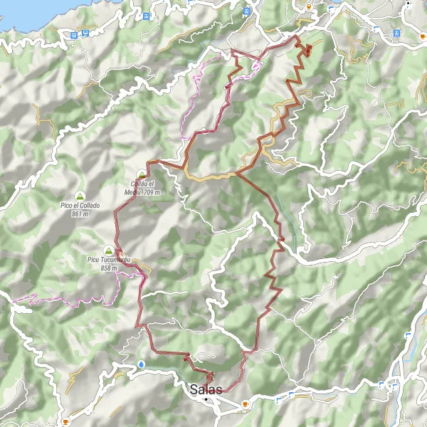 Miniaturní mapa "Gravel Route around Salas" inspirace pro cyklisty v oblasti Principado de Asturias, Spain. Vytvořeno pomocí plánovače tras Tarmacs.app