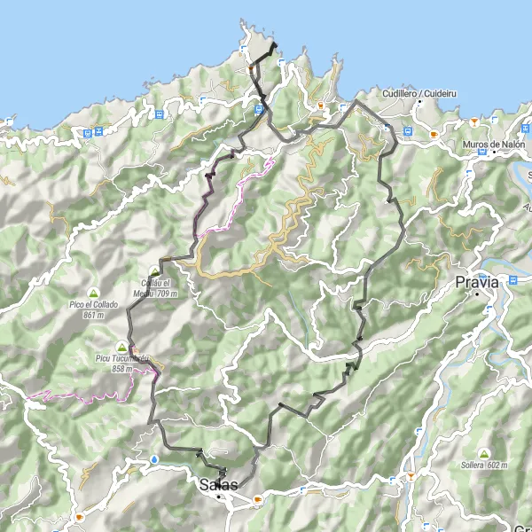 Miniature de la carte de l'inspiration cycliste "Parcours cyclable sur route autour de Salas" dans la Principado de Asturias, Spain. Générée par le planificateur d'itinéraire cycliste Tarmacs.app