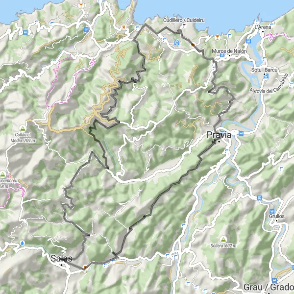 Miniatuurkaart van de fietsinspiratie "De Ronde van Salas en Pravia" in Principado de Asturias, Spain. Gemaakt door de Tarmacs.app fietsrouteplanner