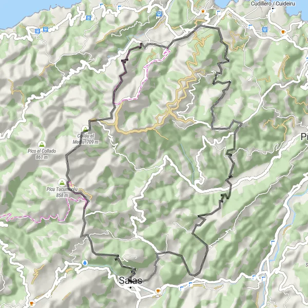 Miniature de la carte de l'inspiration cycliste "Route de vélo de route autour de Salas" dans la Principado de Asturias, Spain. Générée par le planificateur d'itinéraire cycliste Tarmacs.app