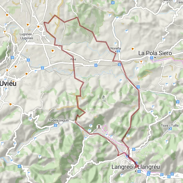 Miniaturekort af cykelinspirationen "Gravel rute gennem Riañu og Noreña" i Principado de Asturias, Spain. Genereret af Tarmacs.app cykelruteplanlægger