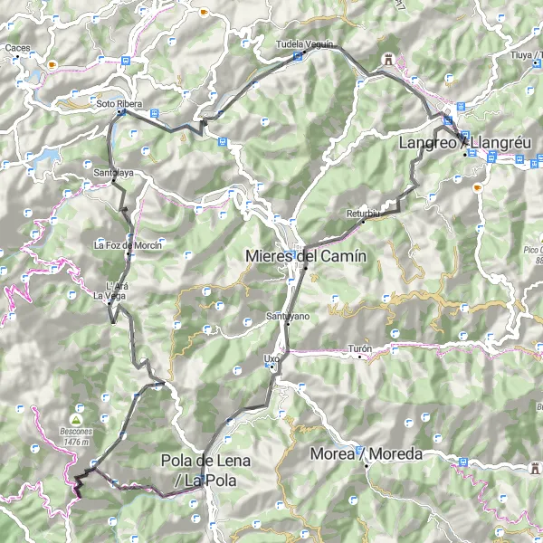 Miniatura della mappa di ispirazione al ciclismo "Giro in bicicletta a Sama: Mieres del Camín a Langreo" nella regione di Principado de Asturias, Spain. Generata da Tarmacs.app, pianificatore di rotte ciclistiche