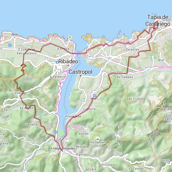 Map miniature of "Scenic Gravel Ride to Vegadeo" cycling inspiration in Principado de Asturias, Spain. Generated by Tarmacs.app cycling route planner