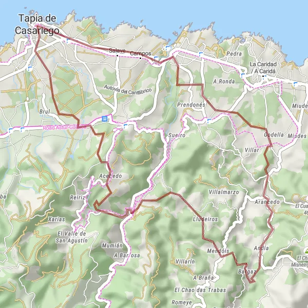 Miniaturní mapa "Gravel route around Tapia de Casariego" inspirace pro cyklisty v oblasti Principado de Asturias, Spain. Vytvořeno pomocí plánovače tras Tarmacs.app