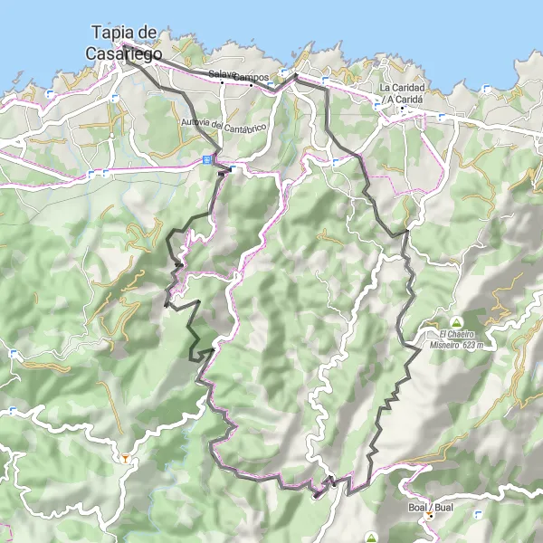 Miniature de la carte de l'inspiration cycliste "Boucle panoramique de 59 km autour de Tapia de Casariego" dans la Principado de Asturias, Spain. Générée par le planificateur d'itinéraire cycliste Tarmacs.app