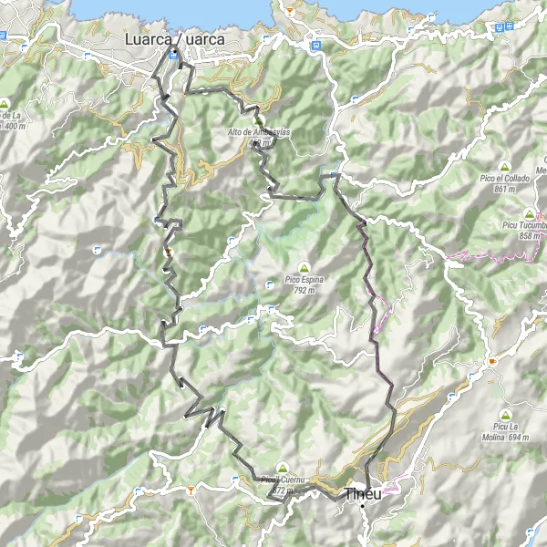 Miniature de la carte de l'inspiration cycliste "Parcours de 97 km à vélo de route autour de Tinéu" dans la Principado de Asturias, Spain. Générée par le planificateur d'itinéraire cycliste Tarmacs.app