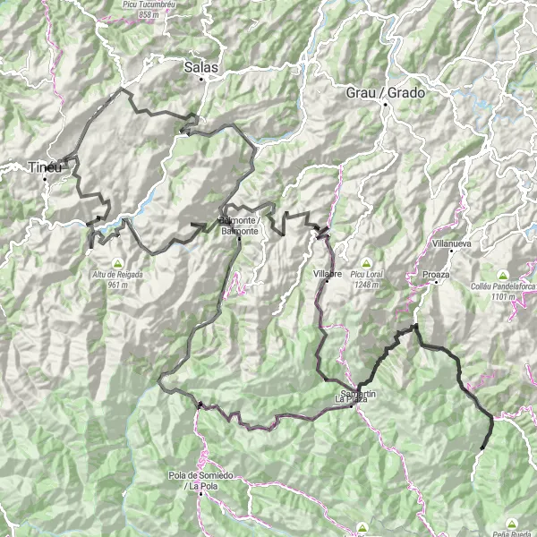 Miniatuurkaart van de fietsinspiratie "Rondrit van Tineo naar Tinéu (lange route)" in Principado de Asturias, Spain. Gemaakt door de Tarmacs.app fietsrouteplanner