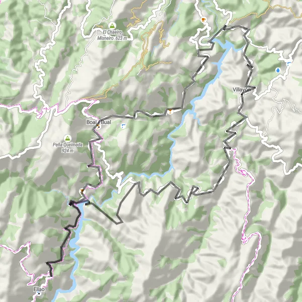 Miniature de la carte de l'inspiration cycliste "Exploration des Montagnes de Villayón" dans la Principado de Asturias, Spain. Générée par le planificateur d'itinéraire cycliste Tarmacs.app