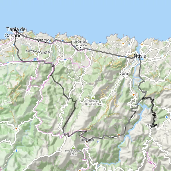Miniature de la carte de l'inspiration cycliste "Route des Miradors" dans la Principado de Asturias, Spain. Générée par le planificateur d'itinéraire cycliste Tarmacs.app