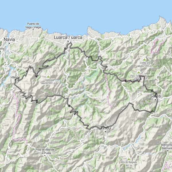 Map miniature of "Asturian Highlands Challenge" cycling inspiration in Principado de Asturias, Spain. Generated by Tarmacs.app cycling route planner