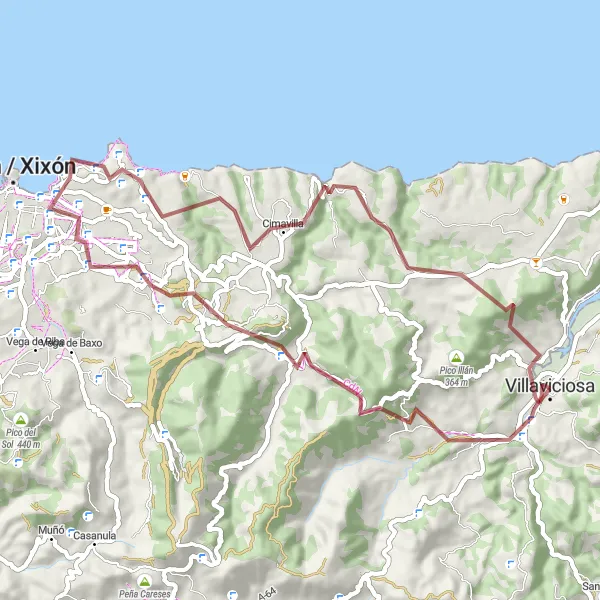 Miniature de la carte de l'inspiration cycliste "Les sentiers secrets de Villaviciosa" dans la Principado de Asturias, Spain. Générée par le planificateur d'itinéraire cycliste Tarmacs.app