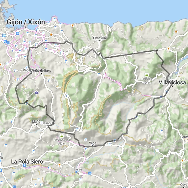 Miniatura della mappa di ispirazione al ciclismo "Villaviciosa - Pico del Sol Road Cycling Route" nella regione di Principado de Asturias, Spain. Generata da Tarmacs.app, pianificatore di rotte ciclistiche