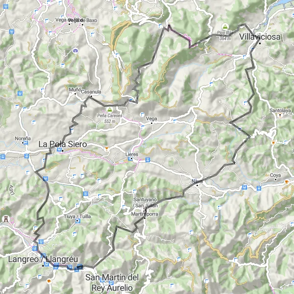 Karten-Miniaturansicht der Radinspiration "98 km lange Straßenrundfahrt von Villaviciosa nach La Pola Siero" in Principado de Asturias, Spain. Erstellt vom Tarmacs.app-Routenplaner für Radtouren