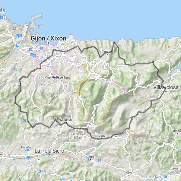 Miniaturekort af cykelinspirationen "Rute fra Villaviciosa til Vega" i Principado de Asturias, Spain. Genereret af Tarmacs.app cykelruteplanlægger