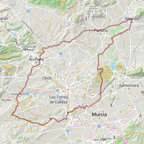 Miniatura della mappa di ispirazione al ciclismo "Giro in bicicletta da Abanilla a Castillo, Churra e La Contraparada" nella regione di Región de Murcia, Spain. Generata da Tarmacs.app, pianificatore di rotte ciclistiche