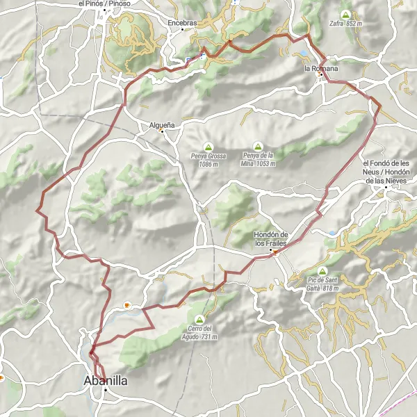 Miniatua del mapa de inspiración ciclista "Ruta de Ciclismo de Grava Abanilla - Castillo de Abanilla - Algarejo - Hondón de los Frailes - Abanilla" en Región de Murcia, Spain. Generado por Tarmacs.app planificador de rutas ciclistas