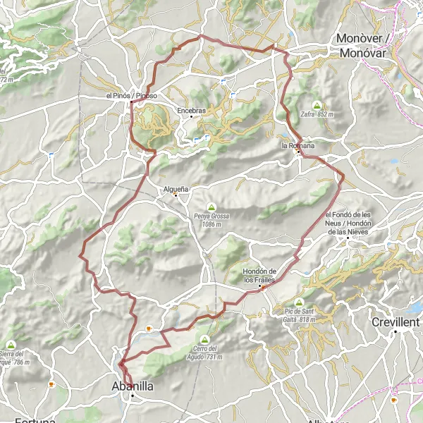 Map miniature of "Gravel Exploration: Abanilla to Hondón de los Frailes" cycling inspiration in Región de Murcia, Spain. Generated by Tarmacs.app cycling route planner
