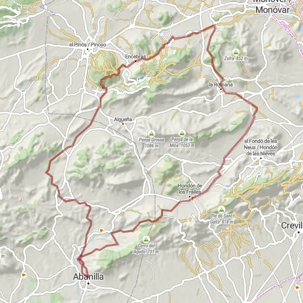 Miniatura della mappa di ispirazione al ciclismo "Rotta panoramica tra Encebras e Abanilla" nella regione di Región de Murcia, Spain. Generata da Tarmacs.app, pianificatore di rotte ciclistiche